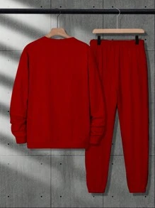 Manfinity Homme 男士休闲圆领运动衫和运动裤套装，秋季 - 紅色 - 查看 3