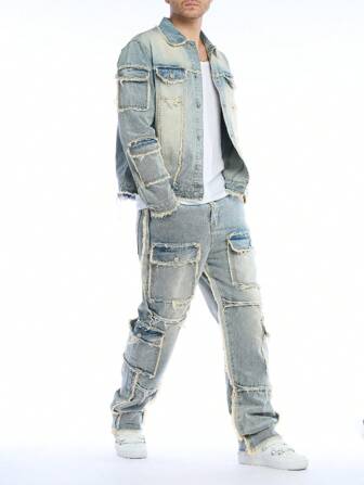 Manfinity Roughcore Set casual de 2 piezas para hombres que incluye chaqueta de jean desgastada de manga larga y pantalones de mezclilla, adecuado para otoño