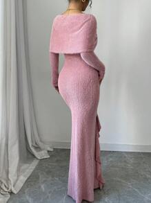 Modelyn 1 pieza Vestido maxi asimétrico con volantes y ajustado de hombros descubiertos para mujer, vestido de noche largo