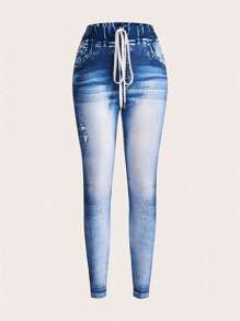 SHEIN LUNE Quần bó buộc eo cho nữ mùa hè - Màu xanh lam - Xem 3