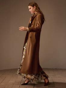 MOTF PREMIUM SUEDETTE SOLID BUCKLE BELTED DOUBLE BREASTED PLACKET LONG TRENCH COAT