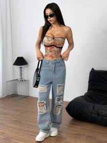 INAWLY Sexy crop top met bloemenprint en kantversiering en strikdecoratie voor dames