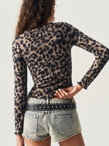 Bohemela Camiseta ajustada de manga larga con cuello redondo y estampado de leopardo para mujer