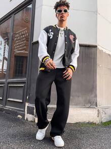 PAVTROS Manfinity Streetrush Men'sDigit Print Long Sleeve Button Up Casual Baseball Collar Jacket And Pants Wide Leg Suit Set, Autumn - Multicolor - View 3