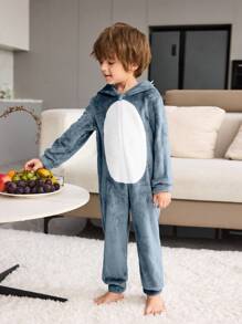 男童舒适保暖灰色简约时尚鲨鱼风格毛绒长袖连帽连体衣睡衣，爸爸和我配套服装（2 件单独出售） - 霧霾藍 - 查看 5