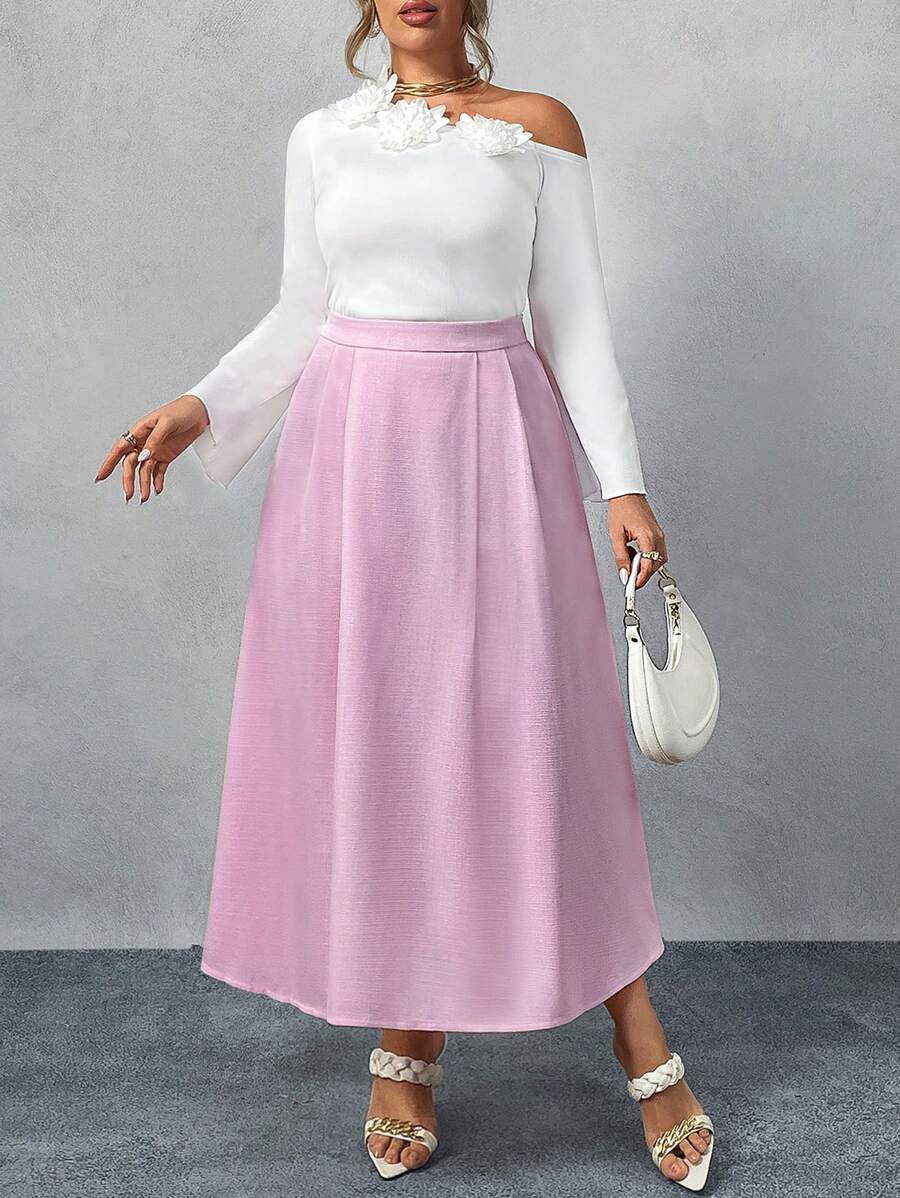 Flirla 大码女式优雅浪漫 A 字型粗花呢半身裙，适合春秋季节 - 粉色 - 查看 1