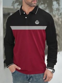 Manfinity Homme Men's Solid Color Splicing Front Button Long Sleeve Printed Casual Polo Shirt - Multicolor - View 1