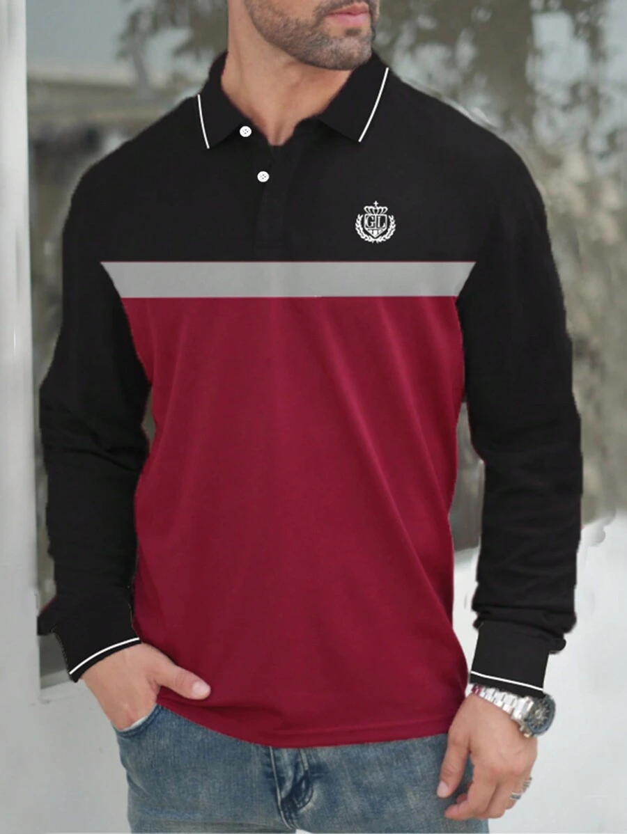 Manfinity Homme Men's Solid Color Splicing Front Button Long Sleeve Printed Casual Polo Shirt - Multicolor - View 1