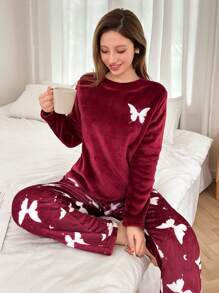 Dream Adore Juego de pijama de manga larga con estampado de mariposas en franela