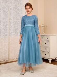 SHEIN Tween Girl Lace Contrast Mesh Big Bow A-Line Dress, Suitable For Weddings, Galas, Birthday Parties, Performances, Thanksgiving, Halloween, Christmas