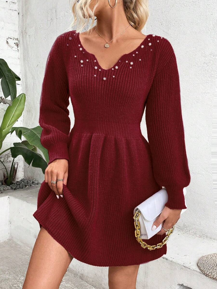 SHEIN Clasi 纯色罗纹 V 领长袖毛衣连衣裙 - 酒紅色 - 查看 1