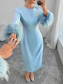 SHEIN Elenzya 优雅女士蓬松镶边圆领纯色长袖连衣裙长款女装 - 藍色 - 查看 5
