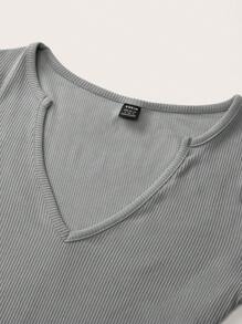SHEIN BASICS Casual Solid Color V-Neck Long Sleeve Regular Fitted Women T-Shirt - Grey - View 4