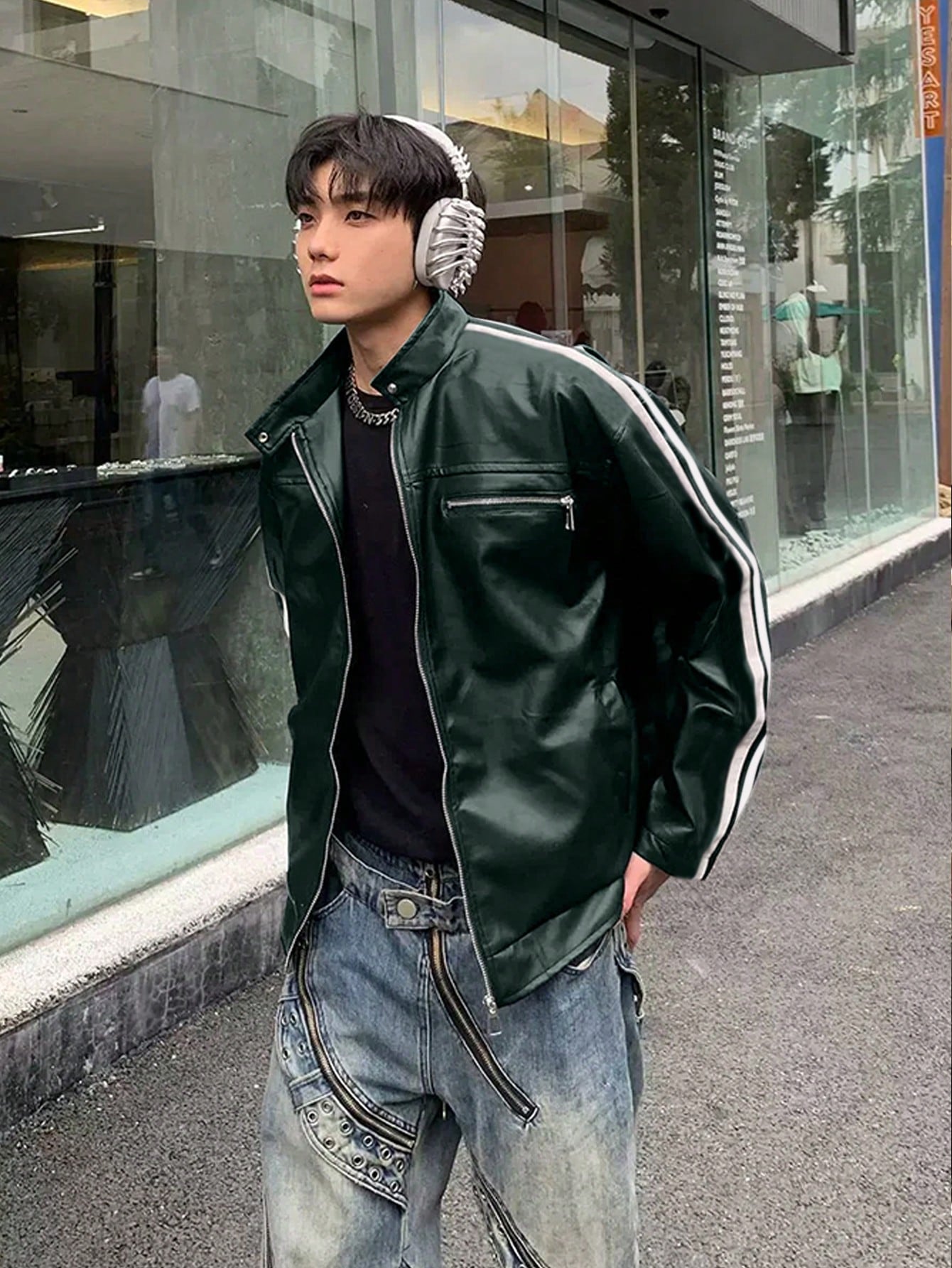 Manfinity Dauomo Men's Color Block Zip-Up Collar Long Sleeve PU Leather Jacket, Autumn