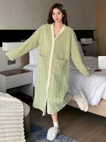DAZY Áo choàng hở phía trước kẻ sọc tối giản màu vải nỉ, mùa đông - màu xanh lá - Xem 5