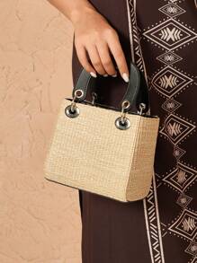 SHEIN VCAY 女士纯色拼布字母细节简约休闲手提包