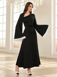 Modelyn 女士不对称领口拼色喇叭袖腰部荷叶边超长优雅连衣裙长款女士装长款晚礼服 - 黑色 - 查看 4