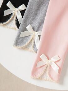 SHEIN 女婴蝴蝶结装饰百褶裤，厚实保暖舒适高端时尚出游，秋冬季女婴裤子冬季蝴蝶结裤 - 粉色 - 查看 4