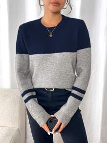 SHEIN LUNE European And American New Autumn/Winter Blogger Same Style Fashionable Colorblock Patchwork Round Neck Casual Pullover Sweater Knit Pullover Fall - Multicolor - View 6