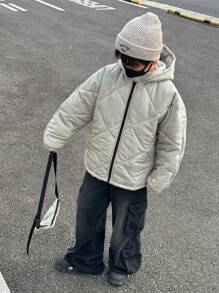 SHEIN 2pcs Tween Boy Casual Quilted Thicken Padded Warm Jacket With Crossbody Bag Set, For Daily Wear, Winter Clothes