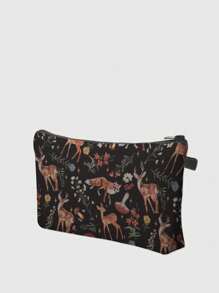 ROMWE Fairycore Floral Design No. 1103452 Deer, Fox, Mushroom Pattern Polyester Zipper Cosmetic Bag, Women Travel Toiletry Bag, Holiday Gift