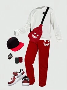 SHEIN 2pcs Tween Boy Casual Print Crew Neck Sweatshirt And Sweatpants Set (With Bag)