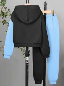 SHEIN Set de 2 piezas de sudadera con capucha y pantalones de patchwork para niñas preadolescentes