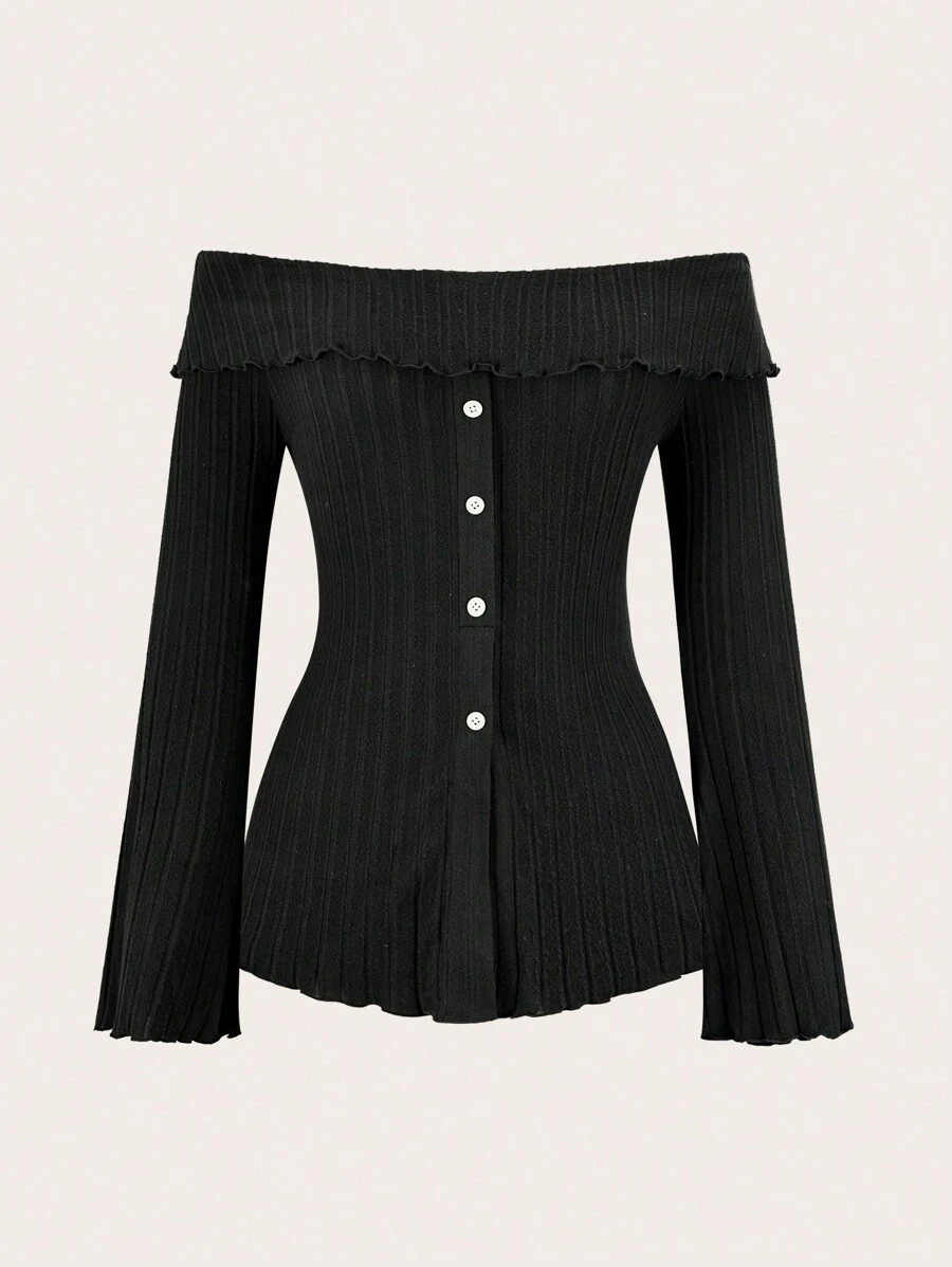 SHEIN EZwear 大码女式纯色露肩前扣长袖休闲 T 恤 - 黑色 - 查看 1