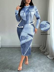 Celure Đầm dài tay cổ đứng in họa tiết cỡ lớn - Nhiều màu - Xem 1