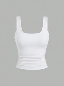 Flirla Camiseta de tirantes ajustada con cuello cuadrado y plisados para mujer