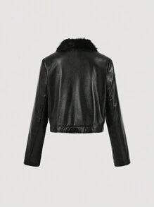 SHEIN MOD 女士秋冬时尚黑白拼色毛领短款夹克 - 黑色 - 查看 2