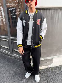 PAVTROS Manfinity Streetrush Men'sDigit Print Long Sleeve Button Up Casual Baseball Collar Jacket And Pants Wide Leg Suit Set, Autumn - Multicolor - View 5