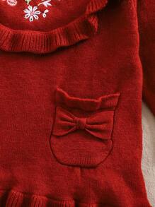 Baby Girl Casual Flower Embroidery Ruffle Hem Sweater Dress, Autumn/Winter