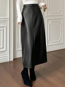 DAZY 女士纯色 PU 皮革口袋休闲长裙，适合秋冬季 - 黑色 - 查看 8