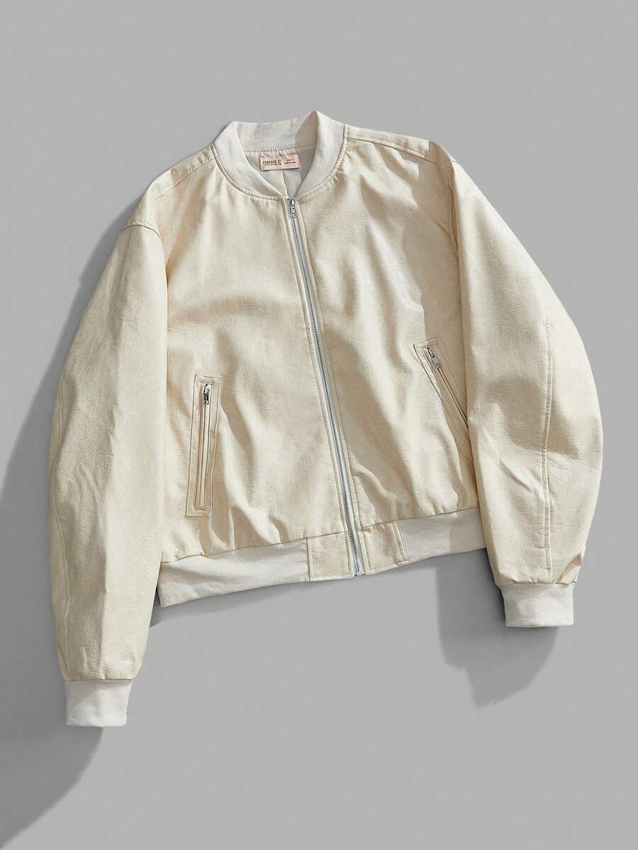 Forever 21 Herren hellgelbe Y2K/Reißverschluss/PU/Crop/Leder/Langarm/Süß/Schulanfang/Kragen/Ausgeh-Outfits/Business-Lässig/Rundkragen/Mäntel/Jacke Herbst/Winter