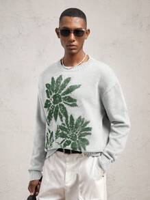AKNOTIC Business Casual Men Loose Fit Dropped Shoulder Crew Neck Pullover Sweater, Casual Floral Intarsia Knitted Long Sleeve, Soft Fuzzy Fleece, Suitable For Autumn/Winter, Gray Color Blocking