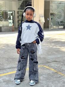 SHEIN Explorewe Tween Girls Cool Retro Distressed Straight Leg Loose Fit Cargo Jeans - Black - View 4