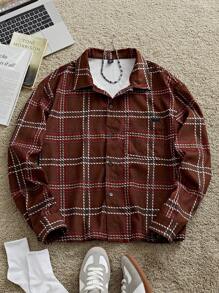 Mainfolk Men's Fashionable Casual Loose Plaid Long Sleeve Shacket, For Fall Winter, Christmas - Multicolor - View 1