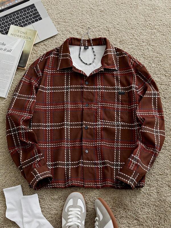 Manfinity VCAY Men's Fashionable Young Casual Loose Plaid Long Sleeve Shacket, For Fall Winter