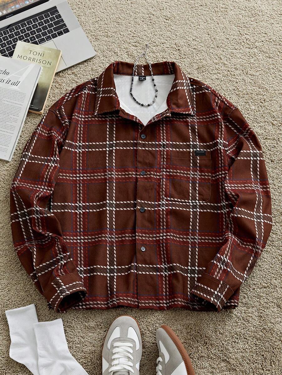 Mainfolk Men's Fashionable Casual Loose Plaid Long Sleeve Shacket, For Fall Winter, Christmas - Multicolor - View 1