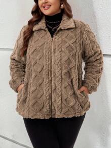 EMERY ROSE Plus Size Fuzzy Women's Winter Women Coat Teddy Coat Solid Color Fleece Turndown Collar Long Sleeve Fall Women Jackets Short Jacket, Autumn/Winter - Brown - View 3