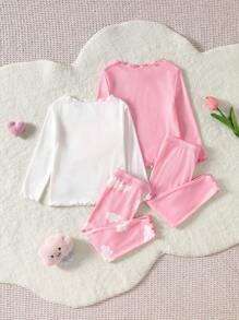 SHEIN 2pcs Baby Girl Cute Simple Heart & Cloud Pattern Ruffled Trim Round Neck Long Sleeve Top And Pants Soft Comfortable Pajama Set, Suitable For Daily Wear, Events, Holidays And Family Gatherings - Pink - View 2