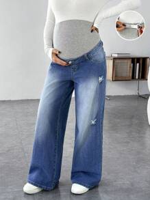SHEIN Maternity Gray Knitted Patchwork Blue Denim Loose Distressed Straight Leg Jeans - Blue - View 3
