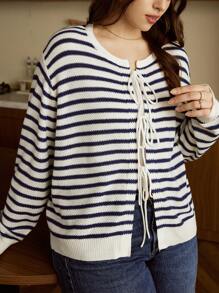 Elaquor 大码休闲简约条纹针织开衫，前系蝴蝶结设计，秋冬必备单品 - 卡其色 - 查看 1