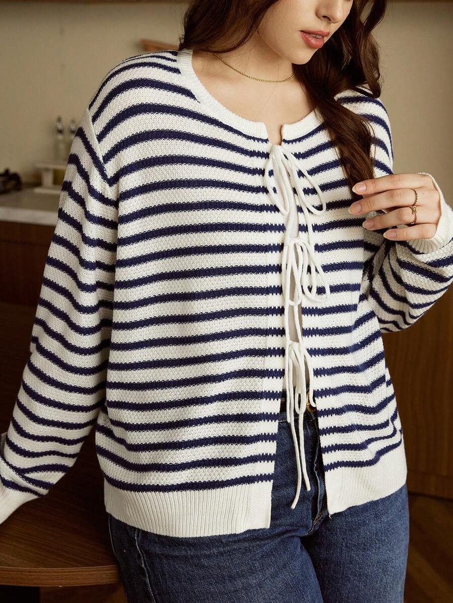 Elaquor 大码休闲简约条纹针织开衫，前系蝴蝶结设计，秋冬必备单品 - 卡其色 - 查看 1