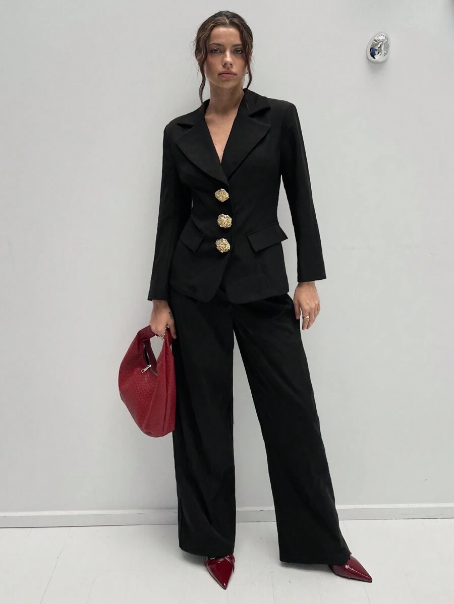 Aloruh Áo khoác blazer trắng cổ chữ V ôm vừa vặn, cổ bẻ lệch phong cách retro thời trang dành cho nữ - màu đen - Xem 1