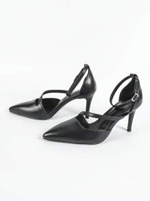 CUCCOO BIZCHIC Commuter Style Sexy Ankle Strap Pointed Toe Thin Stiletto High Heel Pumps, Black Faux Leather For Christmas And New Year Holiday Vibe Fall And Winter - Black - View 5