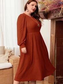 EMERY ROSE Plus Solid Lantern Red With Sleeves Sleeve Ribbed Knit Winter Dress - Rust Brown - View 3