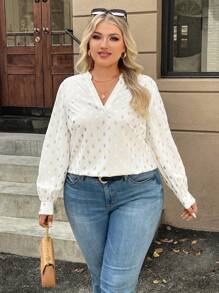 SHEIN Clasi Plus Size Women V-Neck Long Sleeve Polka Dot Foil Print Blouse, Autumn