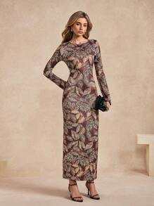 Chiquease 1 件女式豹纹圆领长袖优雅修身连衣裙长款女装 - 咖啡棕 - 查看 4